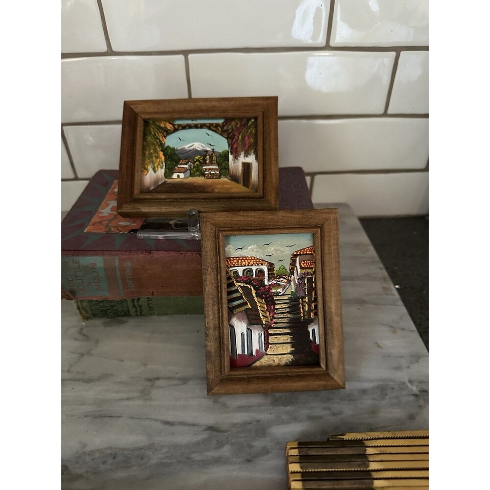 Set of 2 Miniature Framed Mexican Village Architecture Paintings Folk Art Mexico
